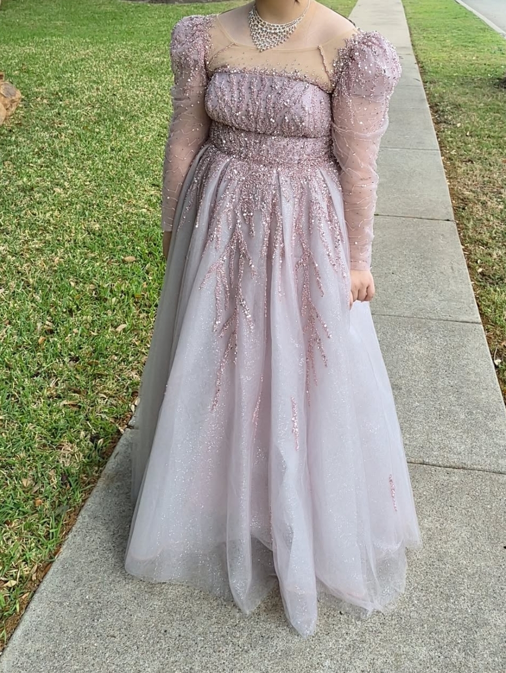 Embellished Long Sleeve Evening Dress in Dusty Rose